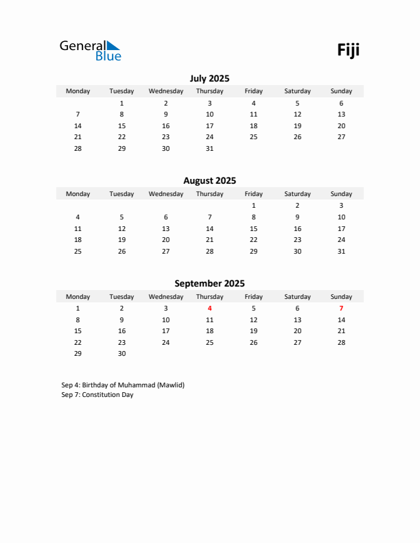 Printable Quarterly Calendar with Notes and Fiji Holidays- Q3 of 2025