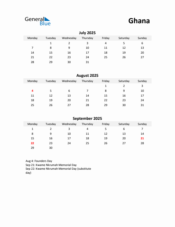 Printable Quarterly Calendar with Notes and Ghana Holidays- Q3 of 2025