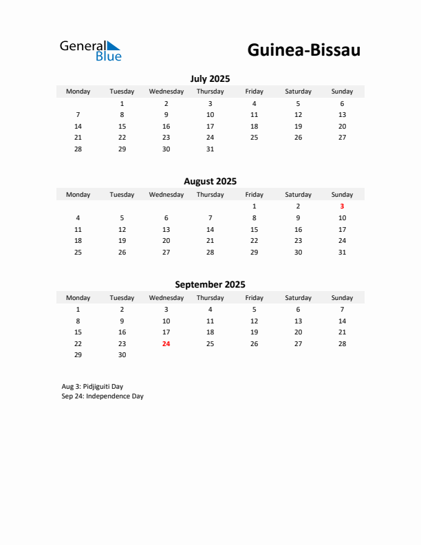 Printable Quarterly Calendar with Notes and Guinea-Bissau Holidays- Q3 of 2025