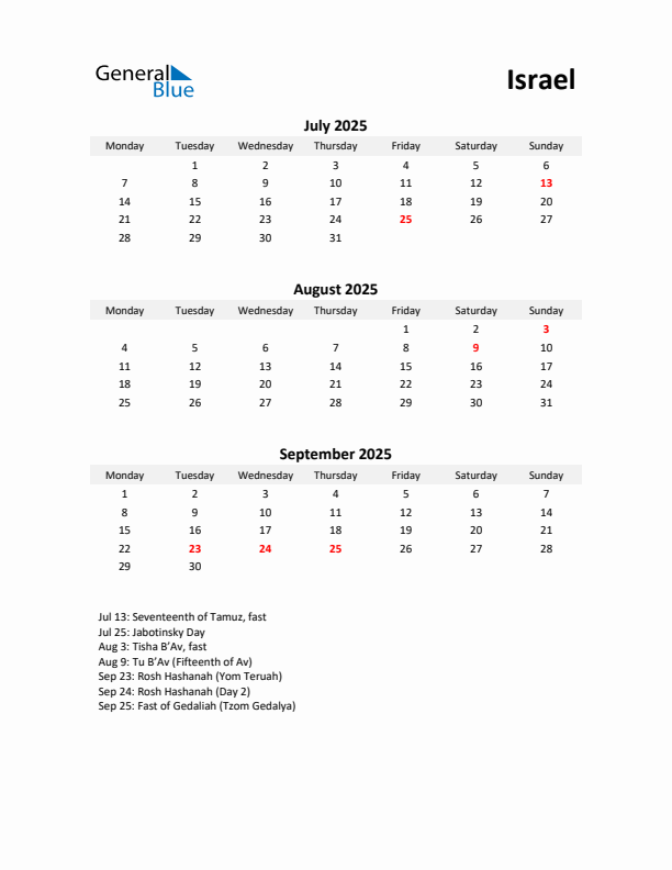 Printable Quarterly Calendar with Notes and Israel Holidays- Q3 of 2025