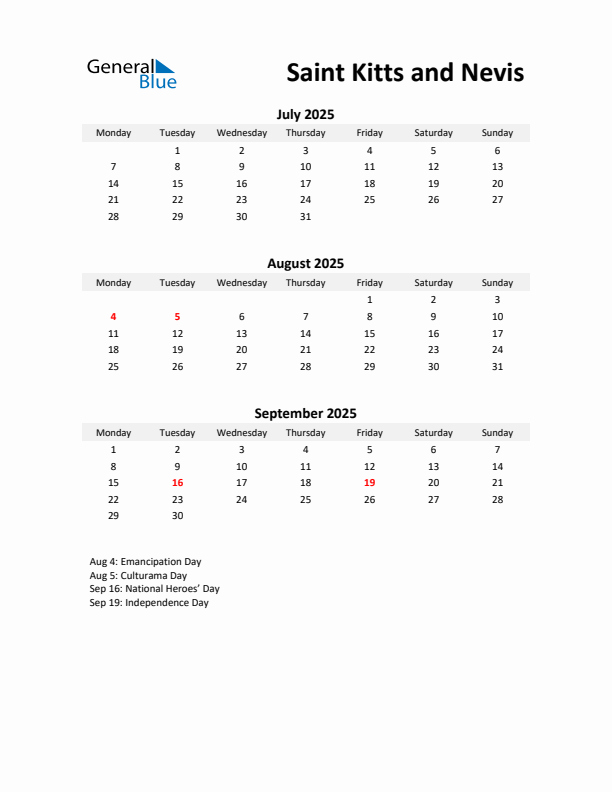 Printable Quarterly Calendar with Notes and Saint Kitts and Nevis Holidays- Q3 of 2025