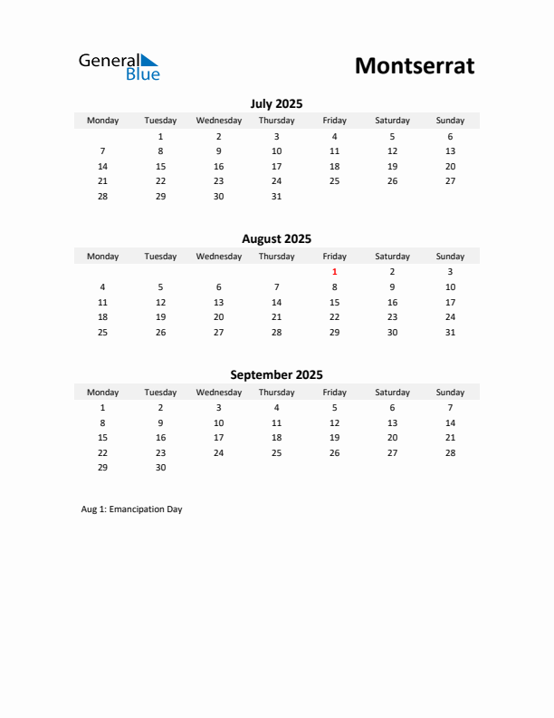 Printable Quarterly Calendar with Notes and Montserrat Holidays- Q3 of 2025