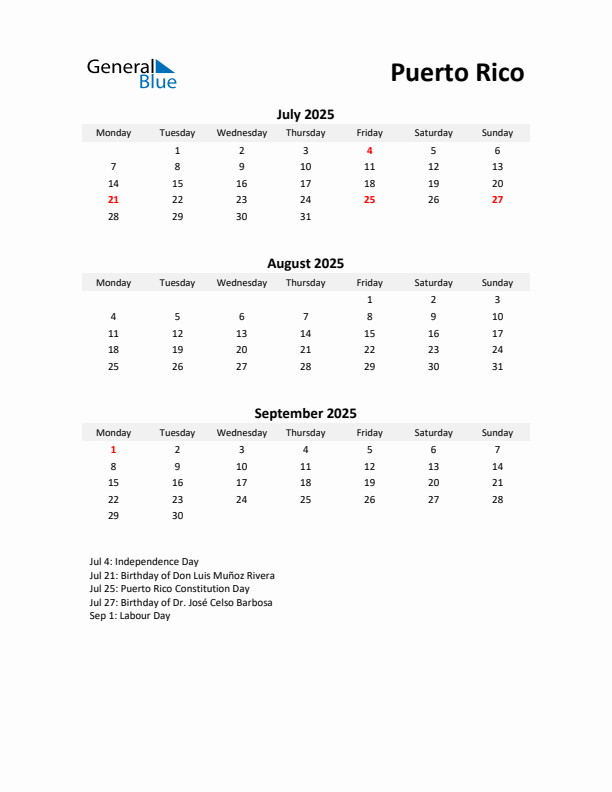 Printable Quarterly Calendar with Notes and Puerto Rico Holidays- Q3 of 2025