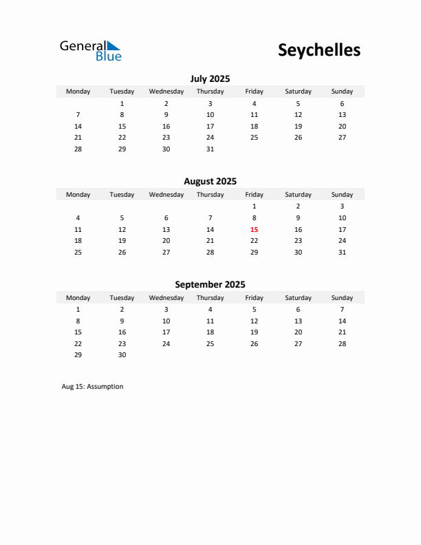 Printable Quarterly Calendar with Notes and Seychelles Holidays- Q3 of 2025