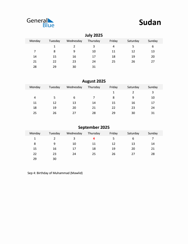 Printable Quarterly Calendar with Notes and Sudan Holidays- Q3 of 2025