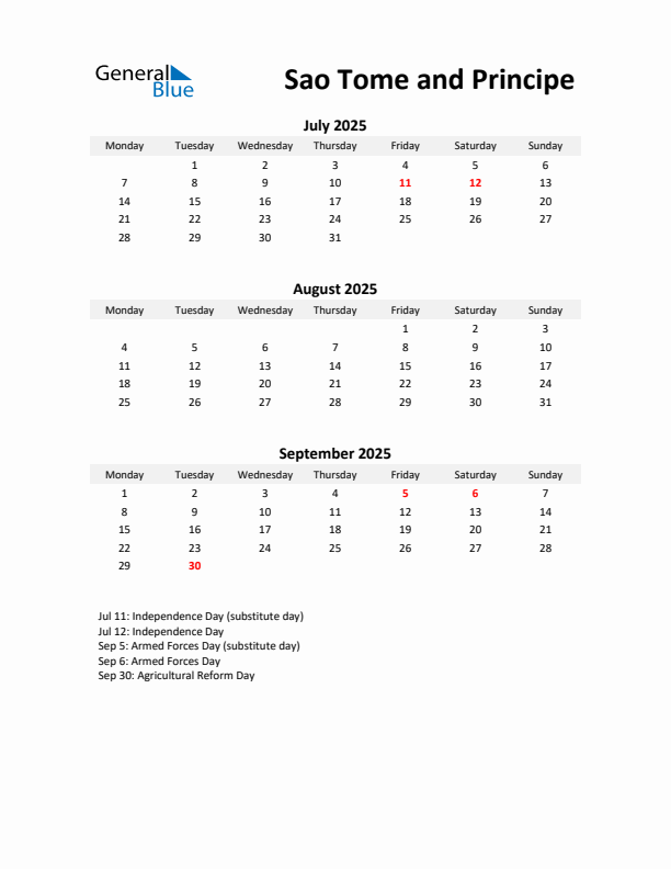Printable Quarterly Calendar with Notes and Sao Tome and Principe Holidays- Q3 of 2025