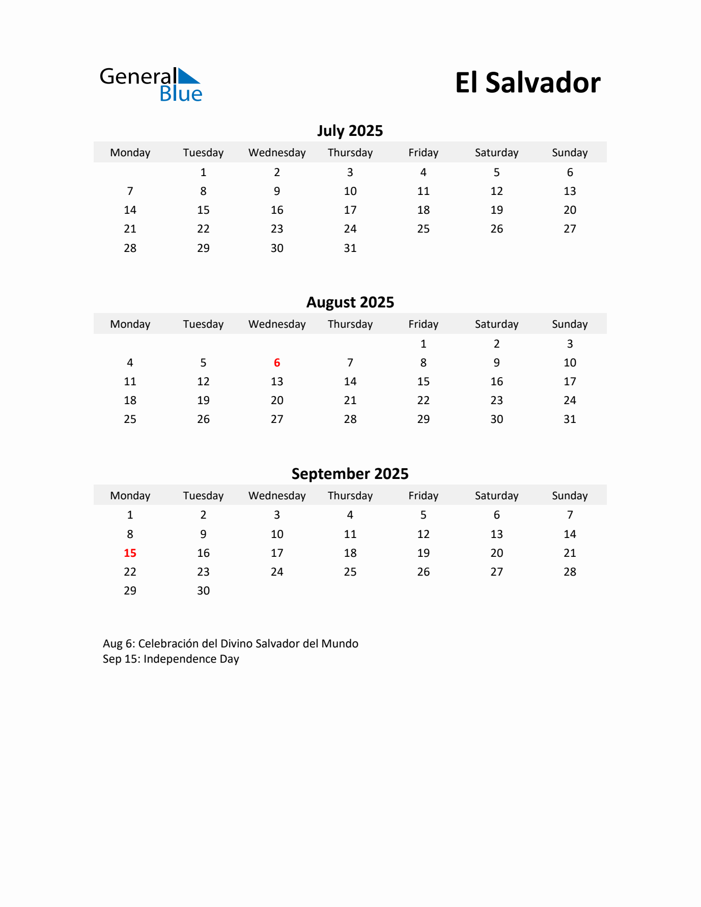 Printable Quarterly Calendar with Notes and El Salvador Holidays- Q3 of 2025