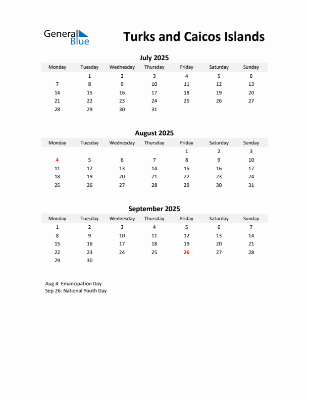 Printable Quarterly Calendar with Notes and Turks and Caicos Islands Holidays- Q3 of 2025
