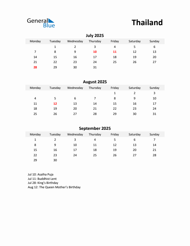 Printable Quarterly Calendar with Notes and Thailand Holidays- Q3 of 2025