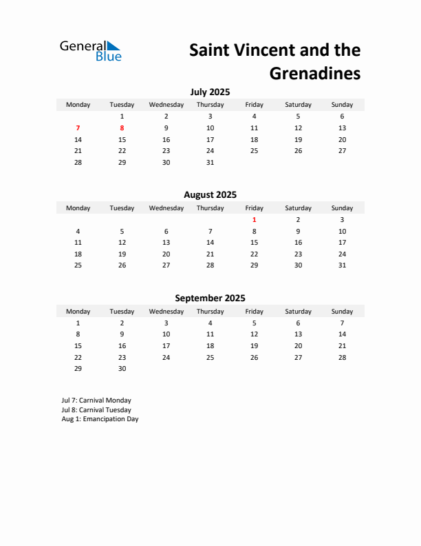 Printable Quarterly Calendar with Notes and Saint Vincent and the Grenadines Holidays- Q3 of 2025