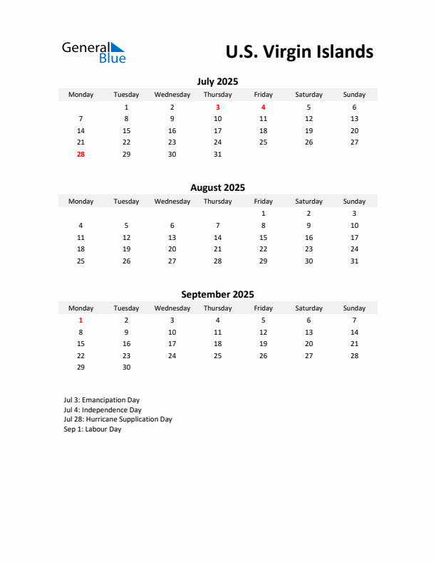 Printable Quarterly Calendar with Notes and U.S. Virgin Islands Holidays- Q3 of 2025