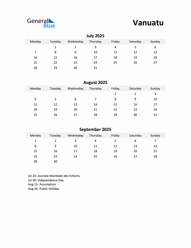 Printable Quarterly Calendar with Notes and Vanuatu Holidays- Q3 of 2025
