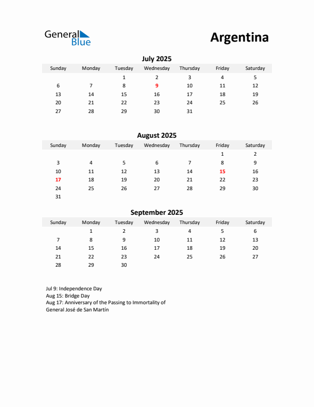 Printable Quarterly Calendar with Notes and Argentina Holidays- Q3 of 2025