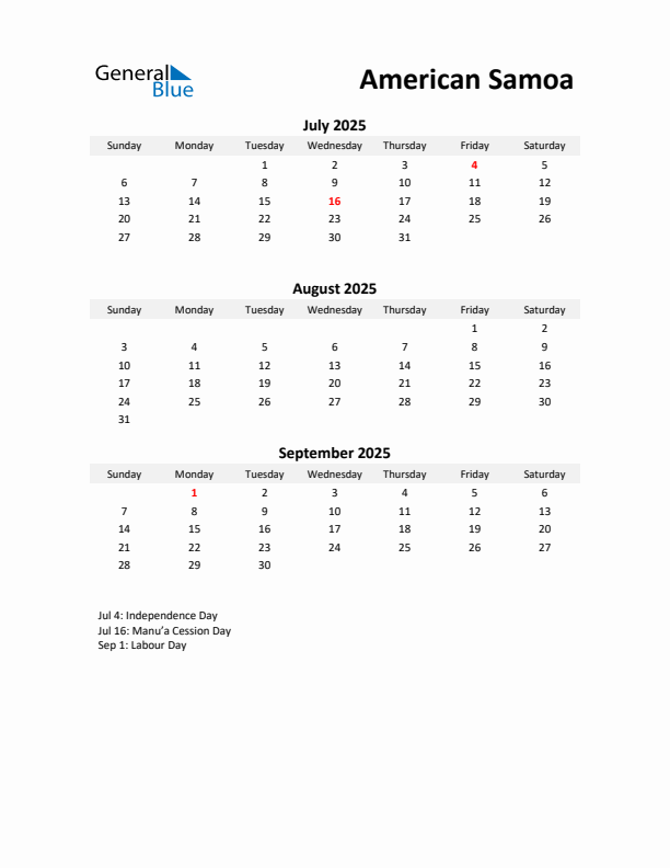 Printable Quarterly Calendar with Notes and American Samoa Holidays- Q3 of 2025