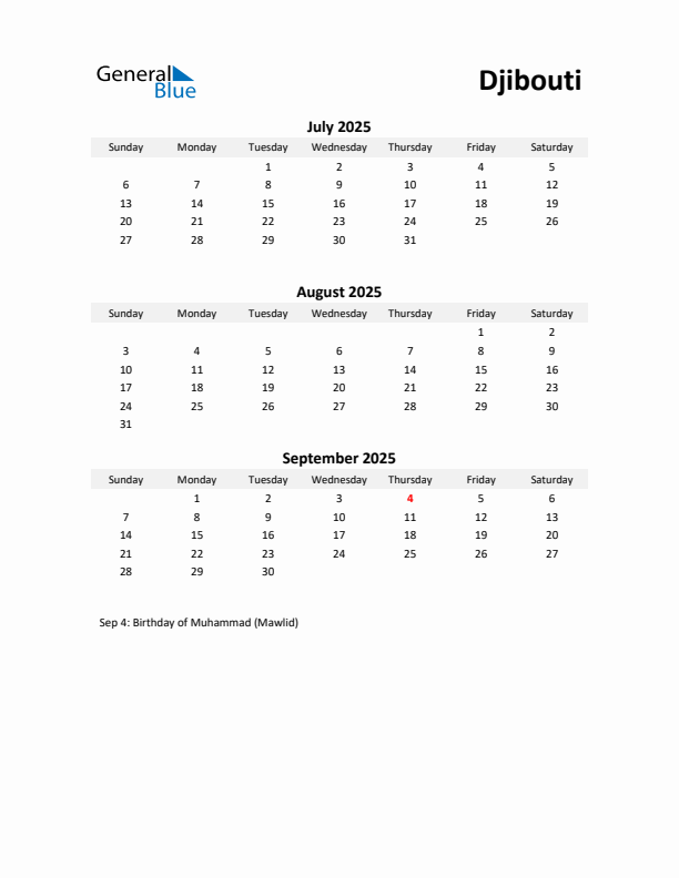 Printable Quarterly Calendar with Notes and Djibouti Holidays- Q3 of 2025