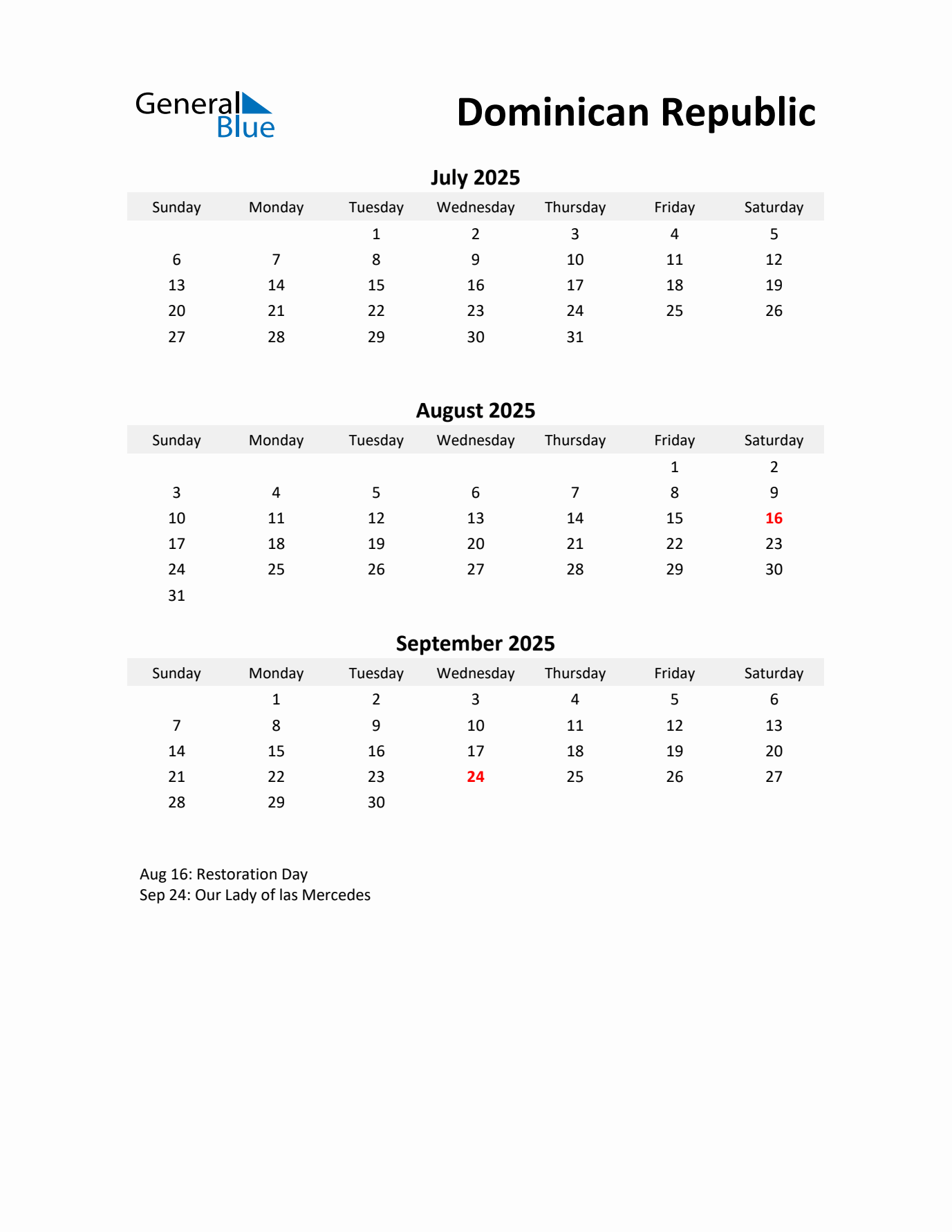 Printable Quarterly Calendar with Notes and Dominican Republic Holidays- Q3 of 2025