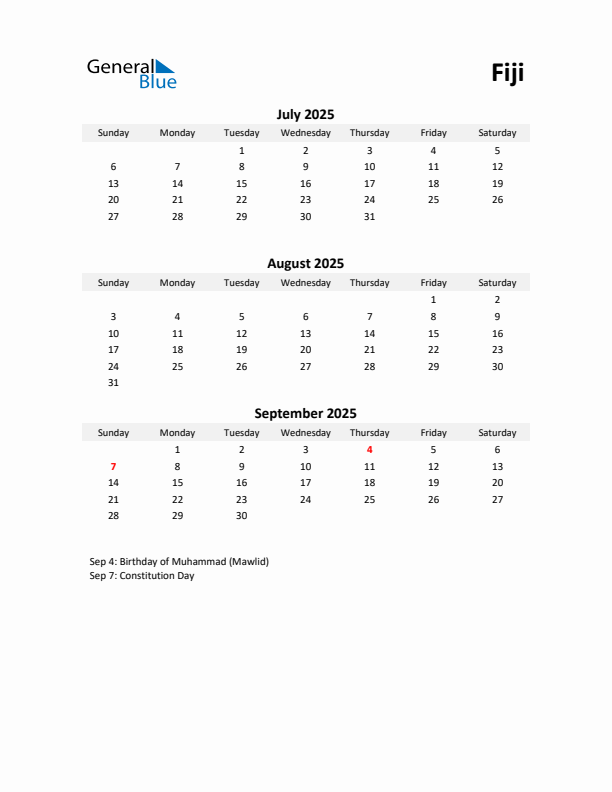 Printable Quarterly Calendar with Notes and Fiji Holidays- Q3 of 2025