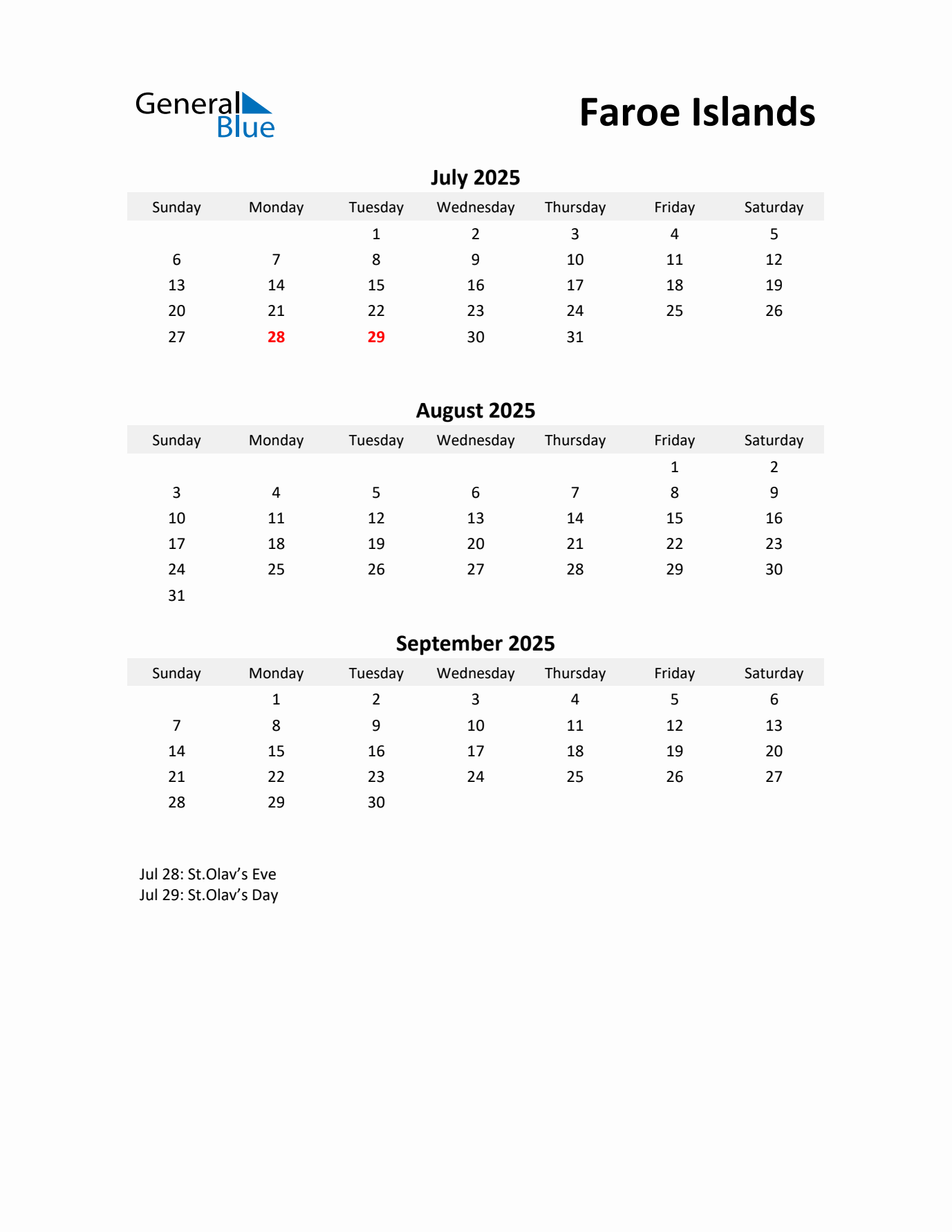 Printable Quarterly Calendar with Notes and Faroe Islands Holidays- Q3 of 2025