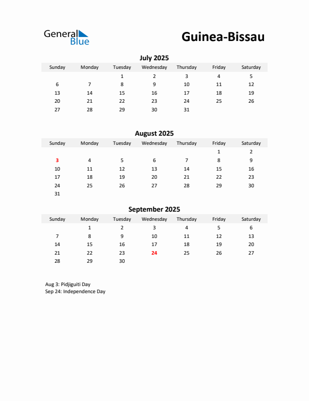Printable Quarterly Calendar with Notes and Guinea-Bissau Holidays- Q3 of 2025