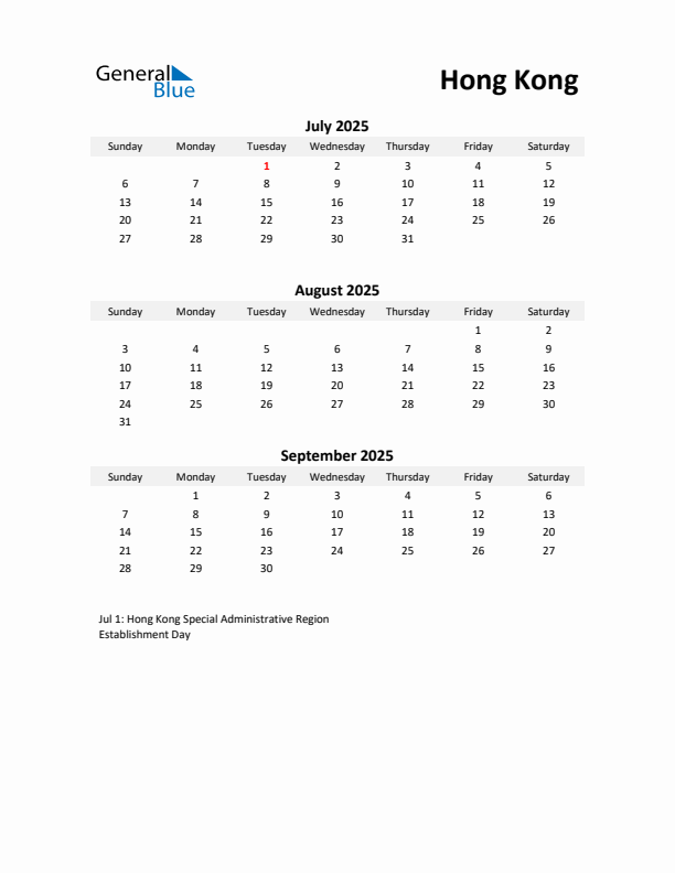Printable Quarterly Calendar with Notes and Hong Kong Holidays- Q3 of 2025