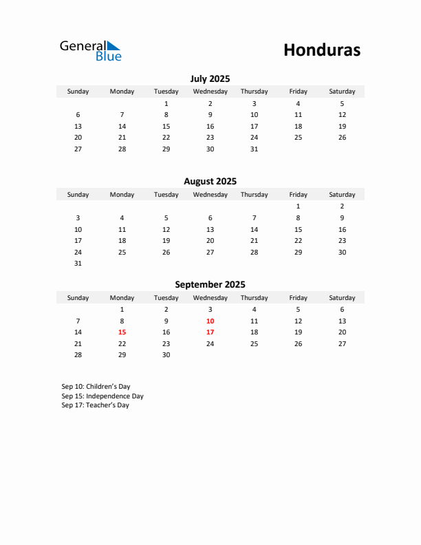 Printable Quarterly Calendar with Notes and Honduras Holidays- Q3 of 2025