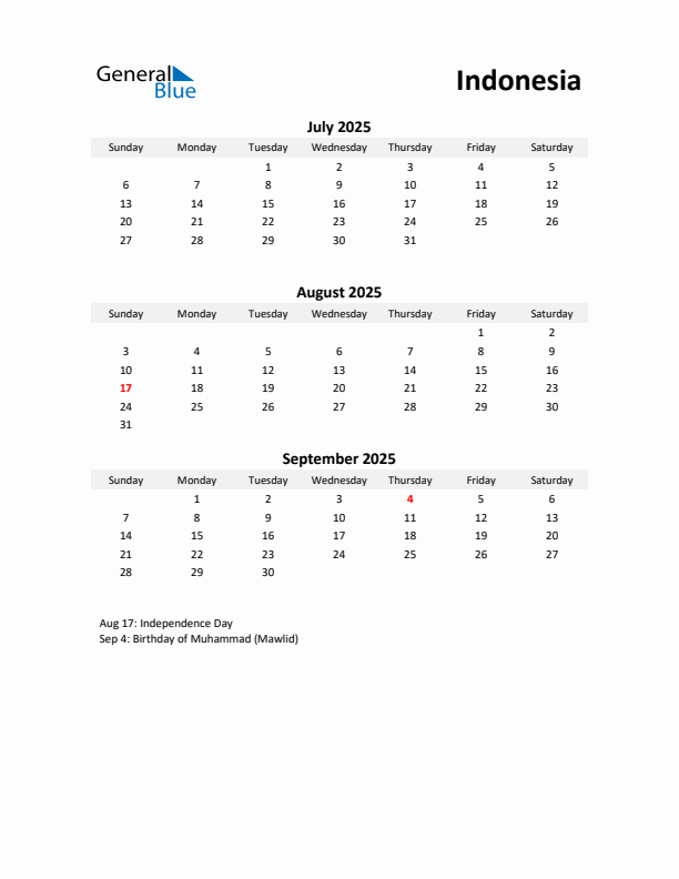 Printable Quarterly Calendar with Notes and Indonesia Holidays- Q3 of 2025