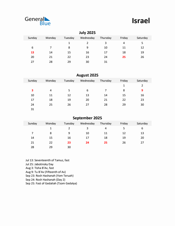 Printable Quarterly Calendar with Notes and Israel Holidays- Q3 of 2025