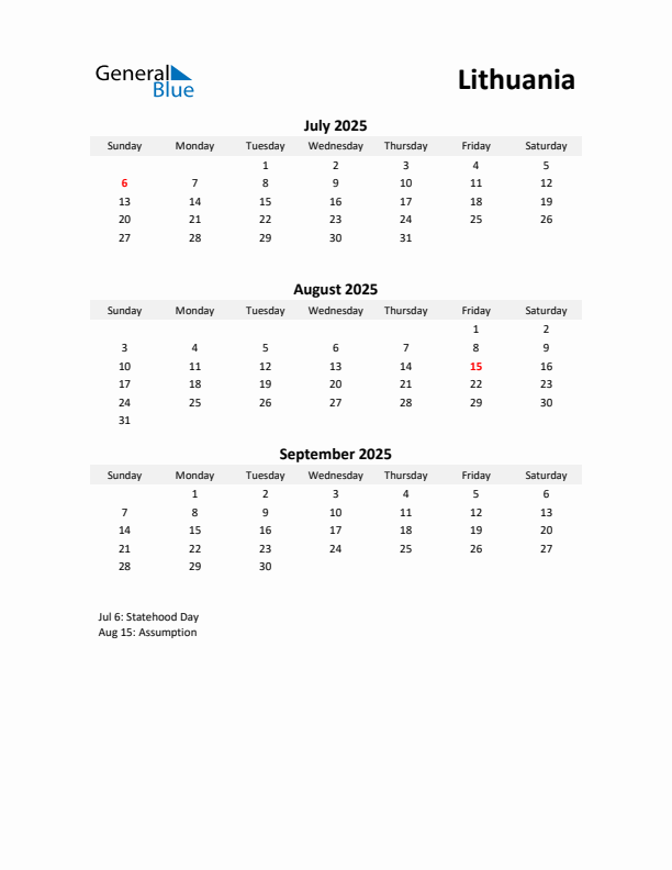 Printable Quarterly Calendar with Notes and Lithuania Holidays- Q3 of 2025