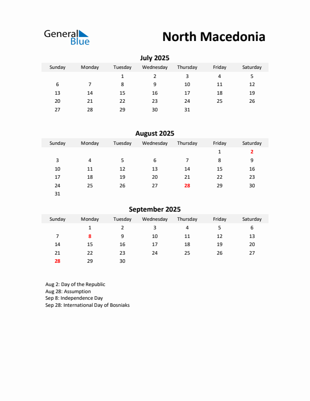 Printable Quarterly Calendar with Notes and North Macedonia Holidays- Q3 of 2025