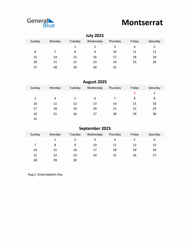 Printable Quarterly Calendar with Notes and Montserrat Holidays- Q3 of 2025