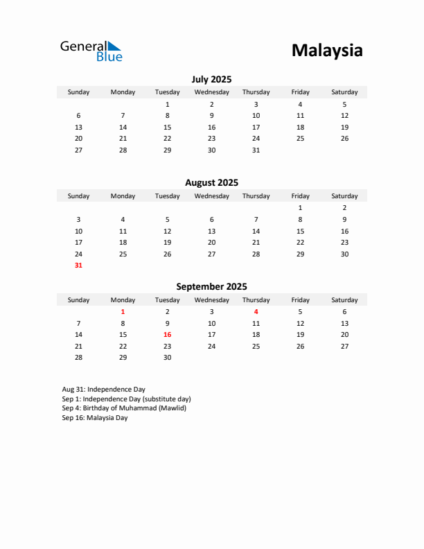 Printable Quarterly Calendar with Notes and Malaysia Holidays- Q3 of 2025
