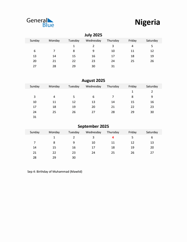 Printable Quarterly Calendar with Notes and Nigeria Holidays- Q3 of 2025