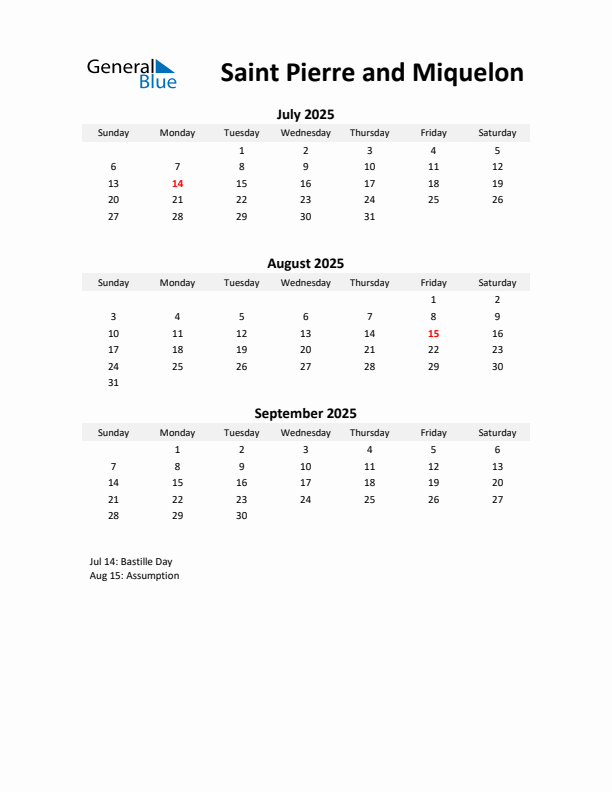 Printable Quarterly Calendar with Notes and Saint Pierre and Miquelon Holidays- Q3 of 2025