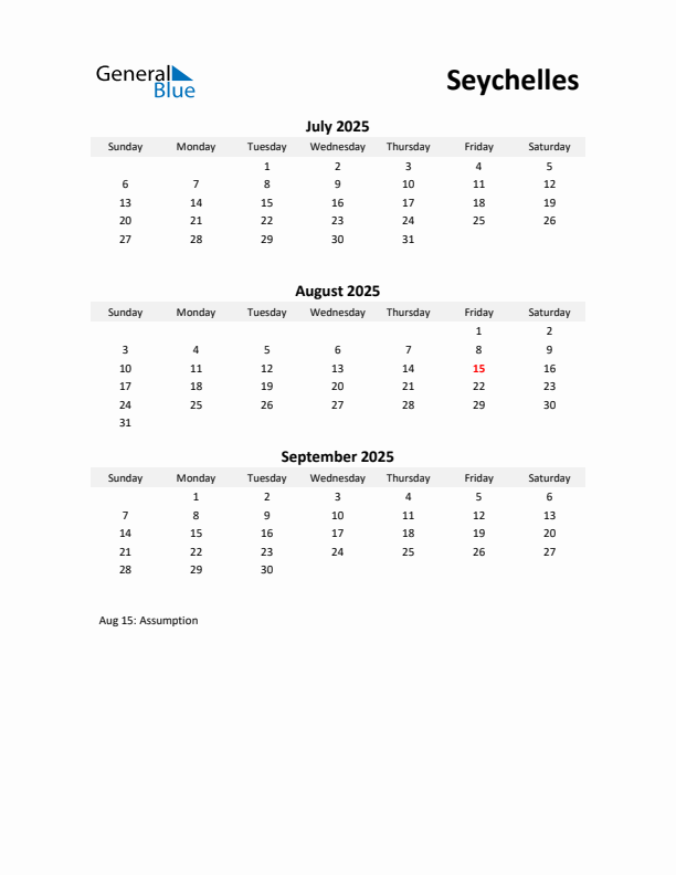Printable Quarterly Calendar with Notes and Seychelles Holidays- Q3 of 2025