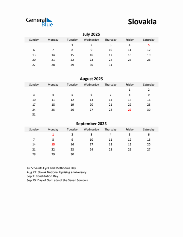 Printable Quarterly Calendar with Notes and Slovakia Holidays- Q3 of 2025