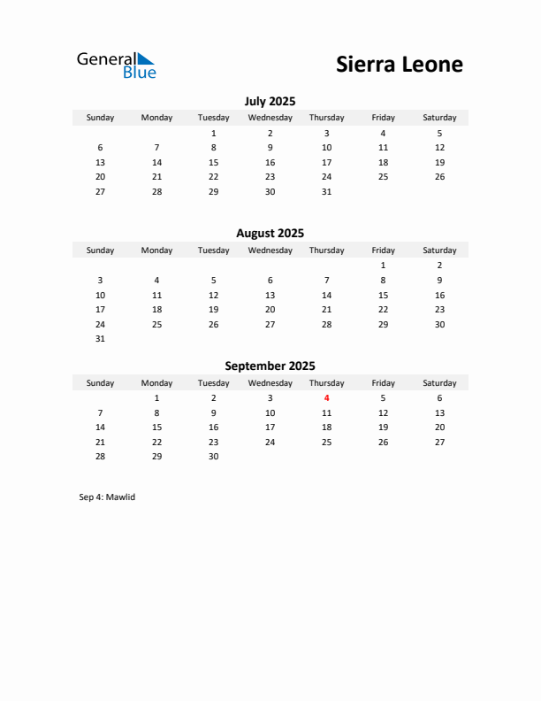 Printable Quarterly Calendar with Notes and Sierra Leone Holidays- Q3 of 2025