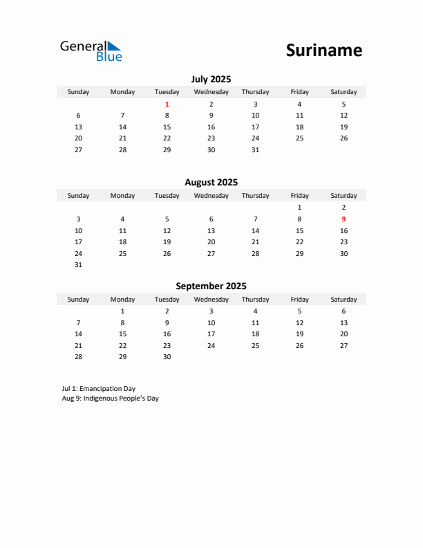 Printable Quarterly Calendar with Notes and Suriname Holidays- Q3 of 2025