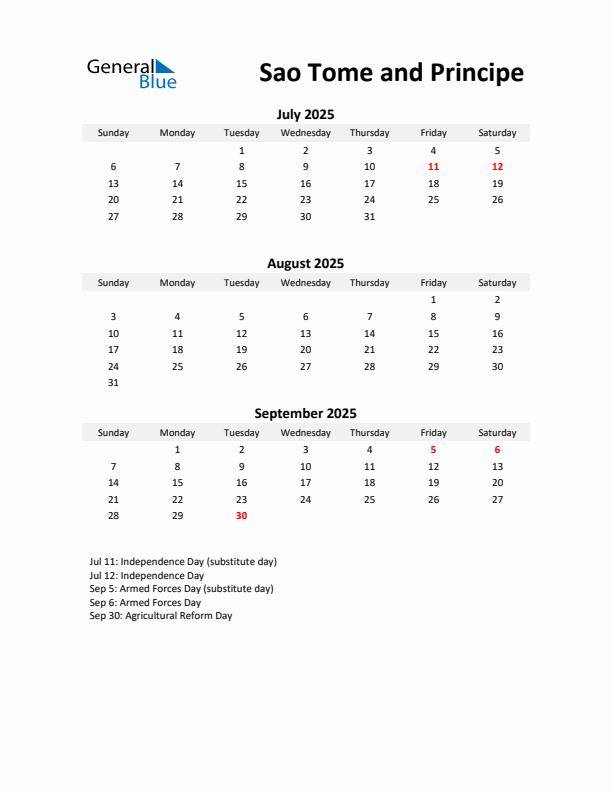 Printable Quarterly Calendar with Notes and Sao Tome and Principe Holidays- Q3 of 2025