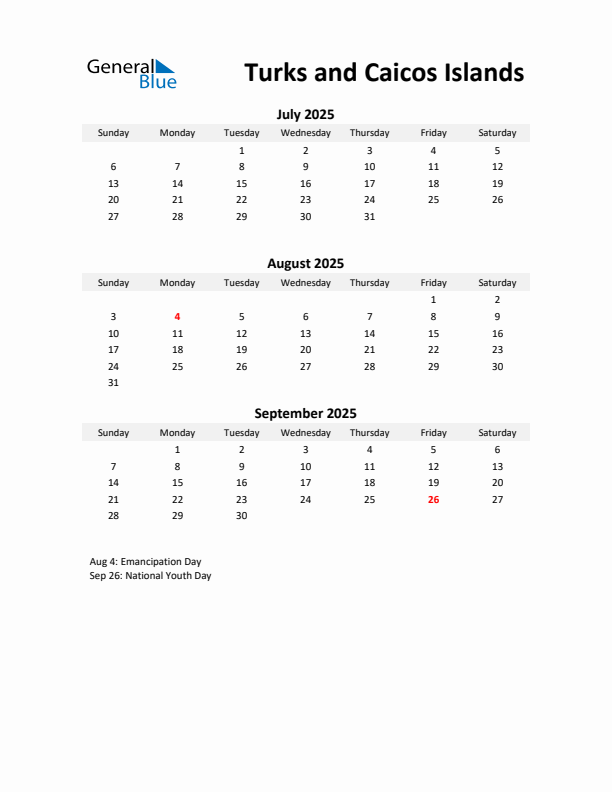 Printable Quarterly Calendar with Notes and Turks and Caicos Islands Holidays- Q3 of 2025