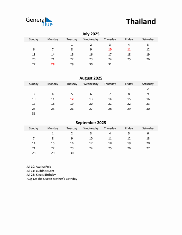 Printable Quarterly Calendar with Notes and Thailand Holidays- Q3 of 2025