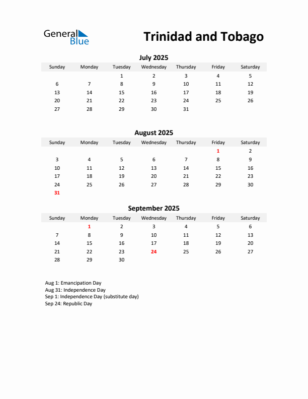 Printable Quarterly Calendar with Notes and Trinidad and Tobago Holidays- Q3 of 2025