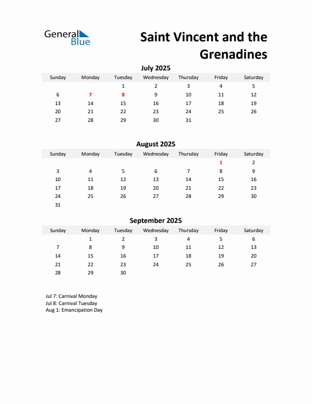 Printable Quarterly Calendar with Notes and Saint Vincent and the Grenadines Holidays- Q3 of 2025