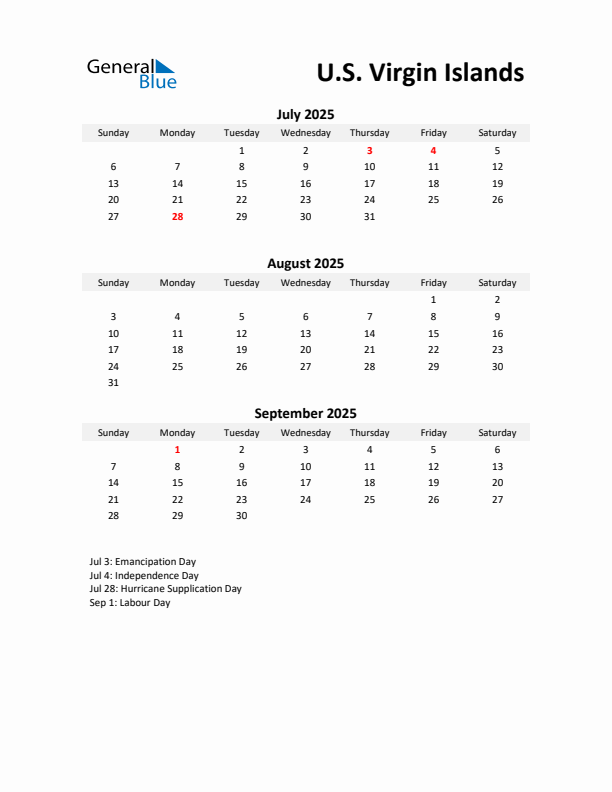 Printable Quarterly Calendar with Notes and U.S. Virgin Islands Holidays- Q3 of 2025