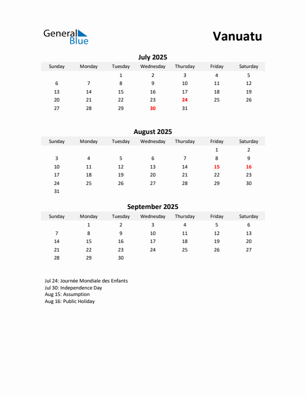 Printable Quarterly Calendar with Notes and Vanuatu Holidays- Q3 of 2025
