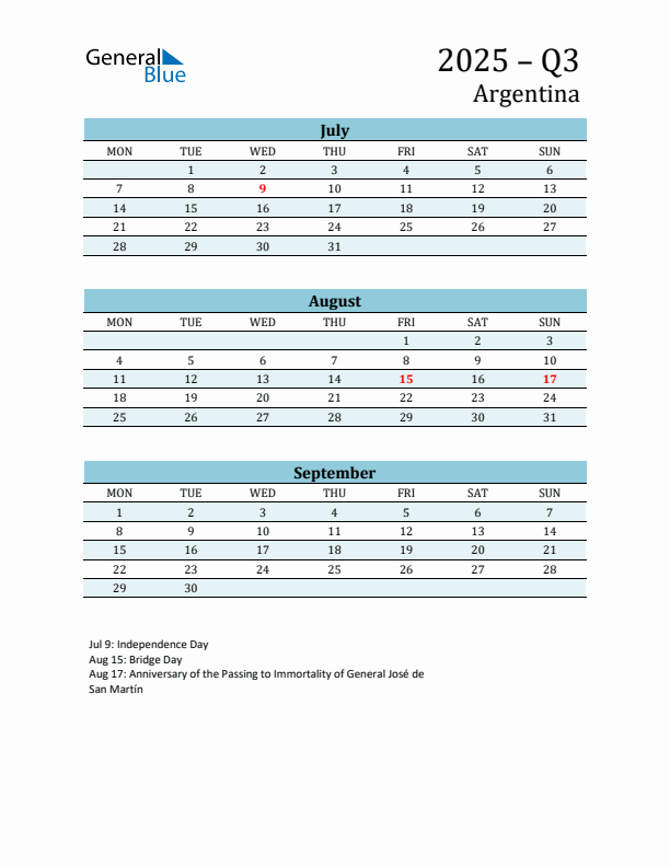Three-Month Planner for Q3 2025 with Holidays - Argentina