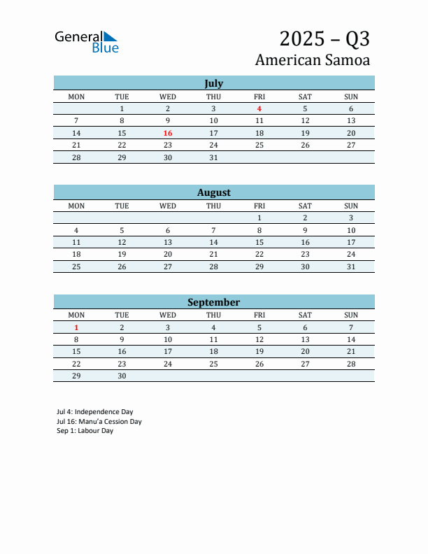 Three-Month Planner for Q3 2025 with Holidays - American Samoa