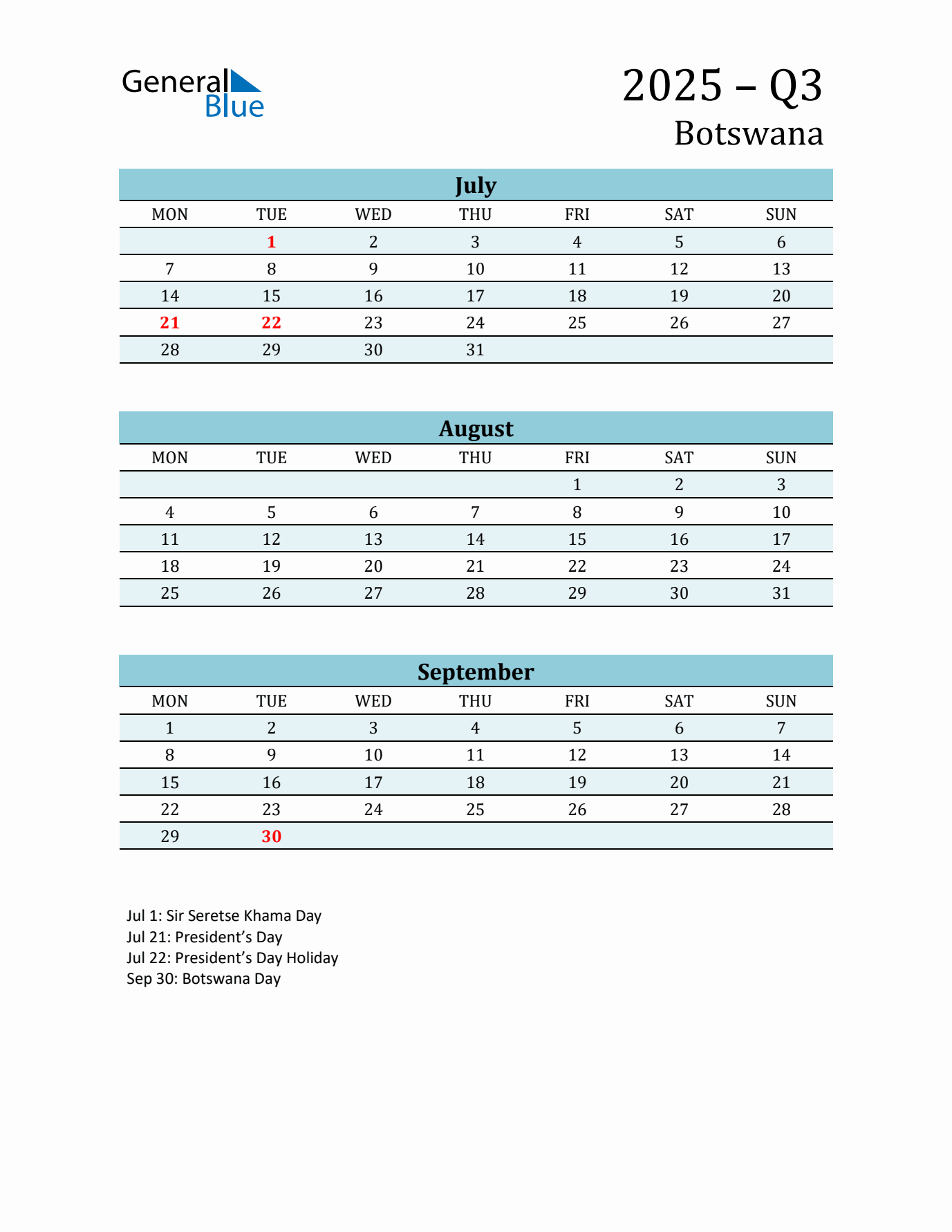 Three-Month Planner for Q3 2025 with Holidays - Botswana