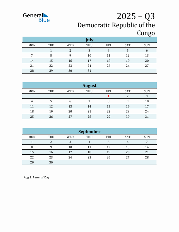 Three-Month Planner for Q3 2025 with Holidays - Democratic Republic of the Congo