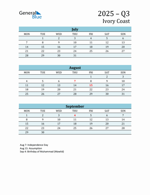 Three-Month Planner for Q3 2025 with Holidays - Ivory Coast