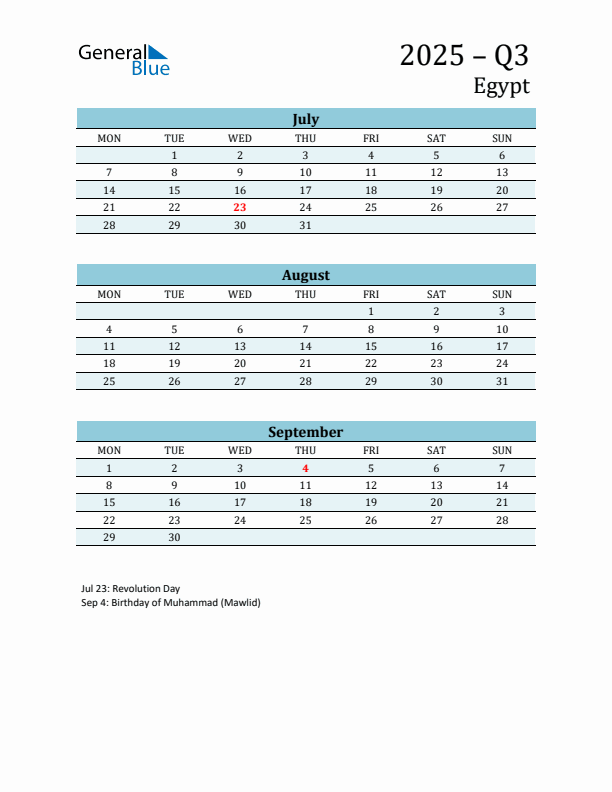 Three-Month Planner for Q3 2025 with Holidays - Egypt